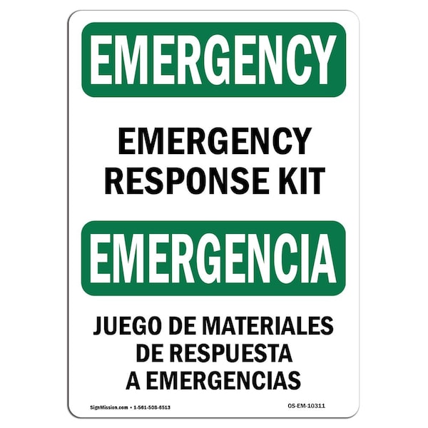 Safety Sign, OSHA EMERGENCY, 7" Height, Aluminum, Response Kit Bilingual, Landscape